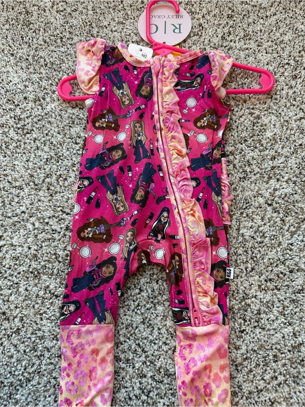 Kids' Hot Pink Character Print Convertible Bamboo Romper with Ruffle Butt & Trim
